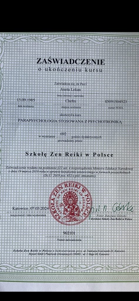 Zaświadczenie o ukończeniu kursu parapsychologii stosowanej z psychotroniką.